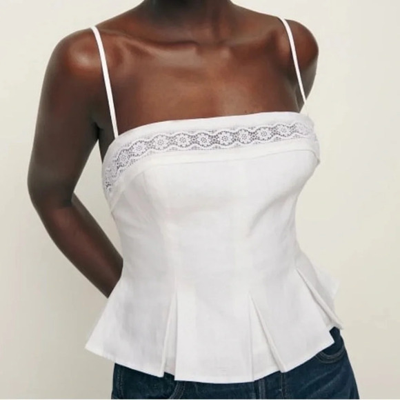 Reformation Tops - Reformation Meryl Linen Lace Trim Peplum Skinny Strap Blouse Top